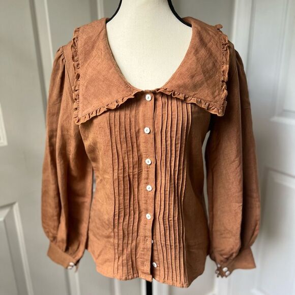 NWT Carolina Benoit It's A Poem Linen Button Down Top Brown Size Small - Picture 2 of 7
